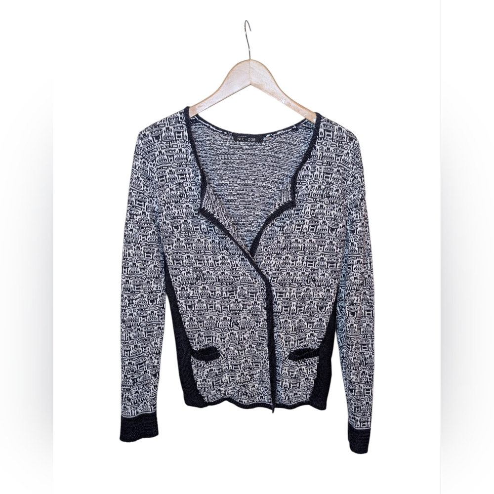 NIC+ZOE Cardigan Large Navy White Linen Blend Open Front Knit Textured Marled